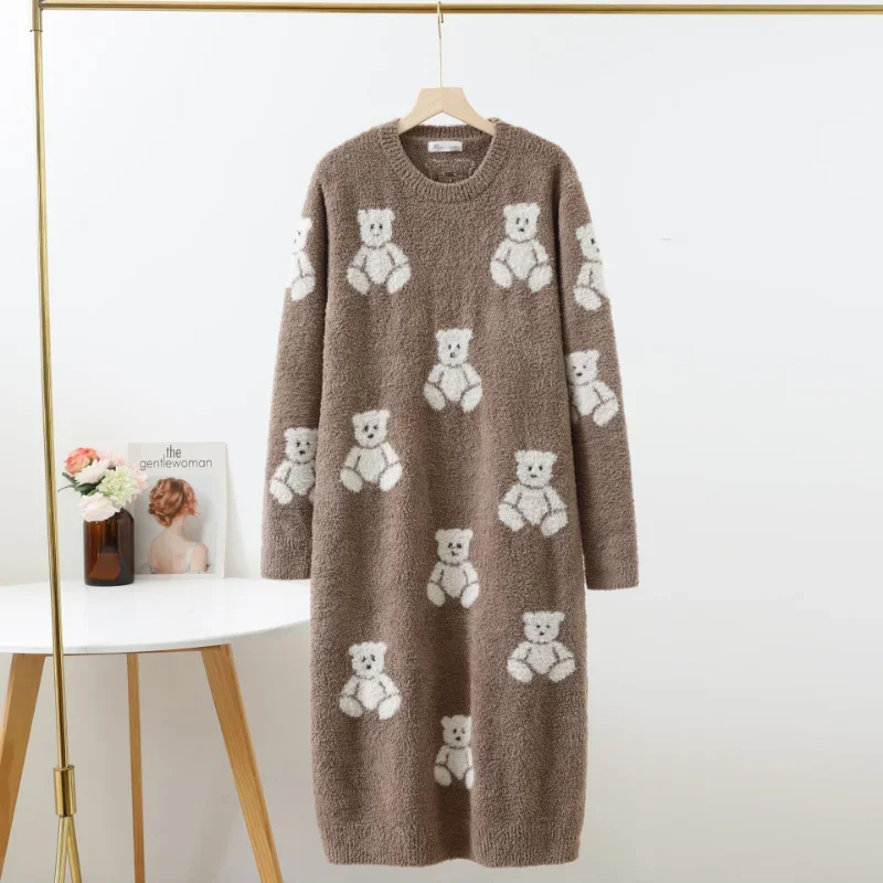 Kuzuwata JAPAN Casual Home Wear Sleepwear O Neck Long Sleeve Bear Embroidery Pajama Dress Autumn Winter Loose Casual Underwear