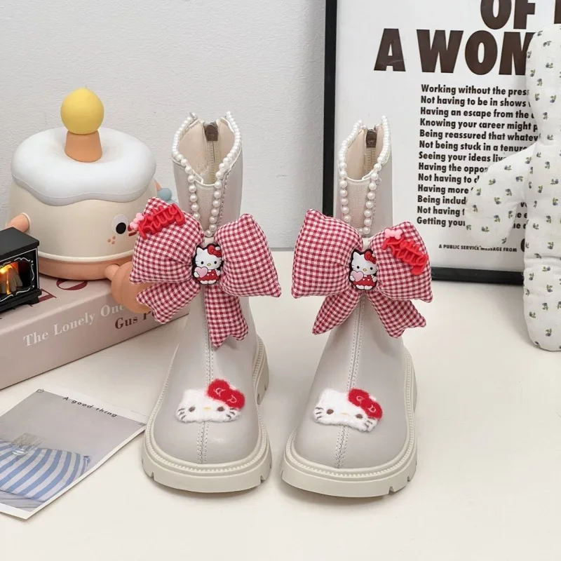 

Girly Heart Hello Kitty, модные длинные сапоги в стиле аниме Kawaii Sanrio Ins, осень-зима 2022, милые кожаные хлопковые туфли принцессы с жемчугом