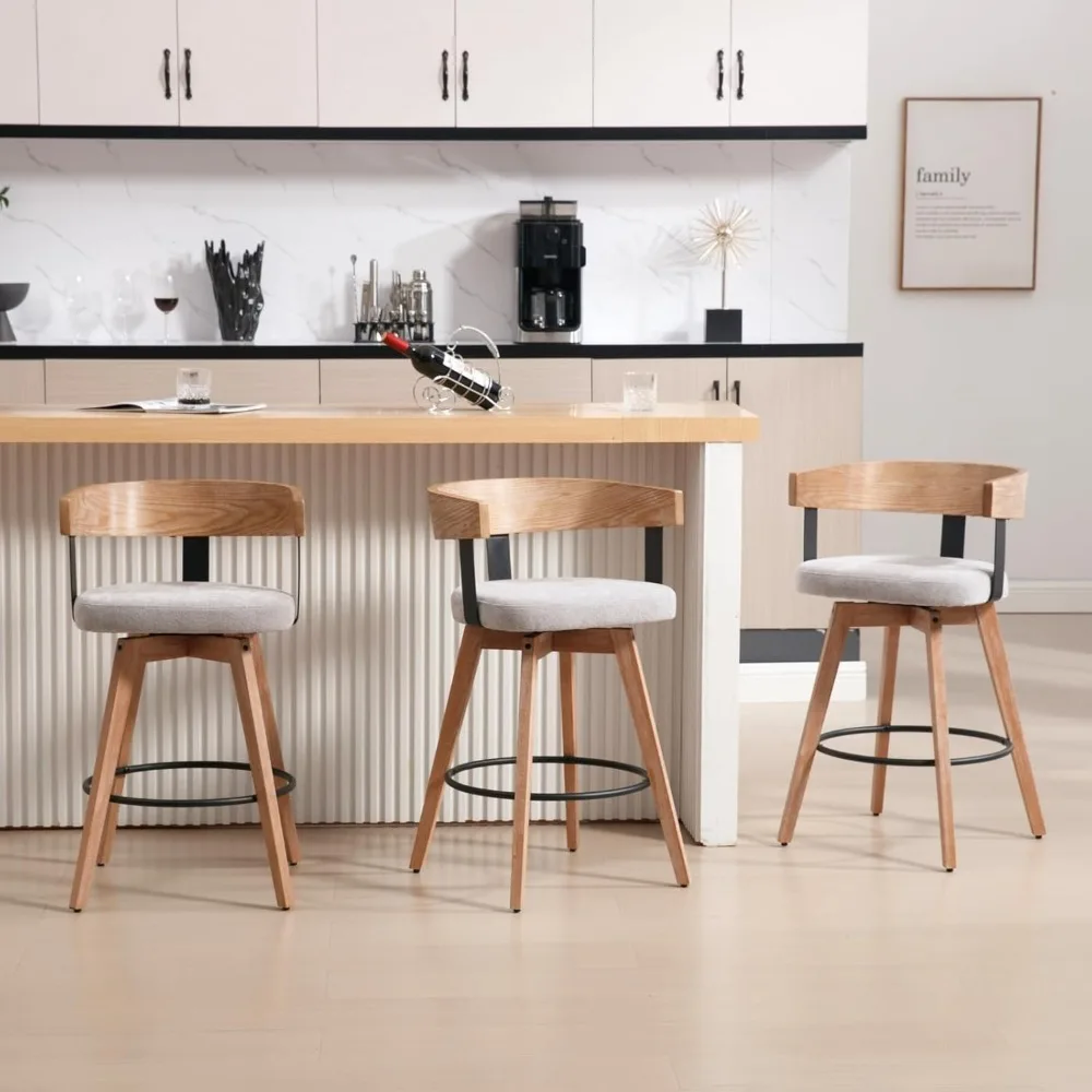

HEAH-YO Mid Century Modern Bar Stools Set of 3, 26" Swivel Counter Stools with Barrel Back, Linen Upholstered Barstools with Woo