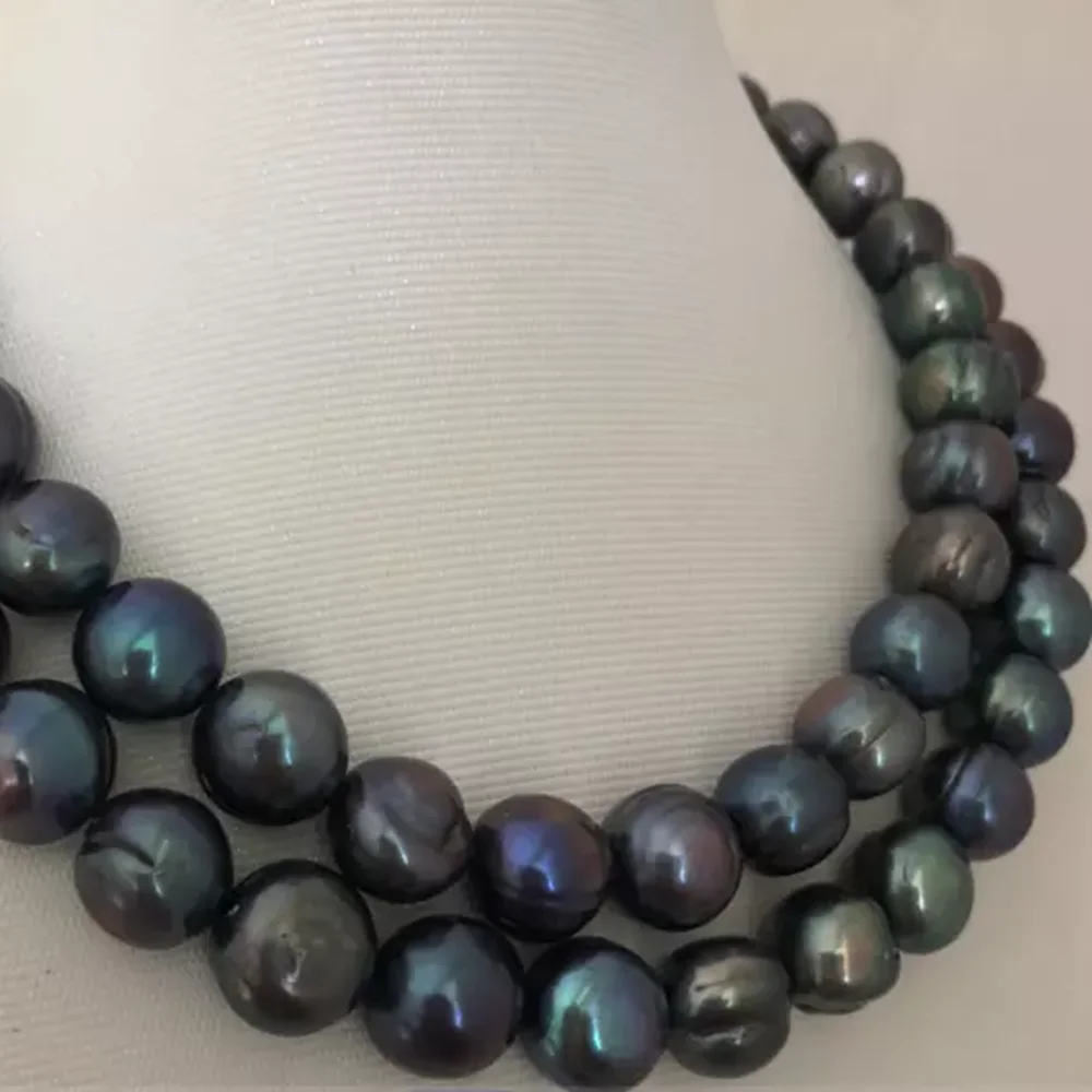 Two rows+single row AAA 11-12mm Tahiti Baroque Black Pearl Necklace 925S 18/19'19/20 inch+18 inch