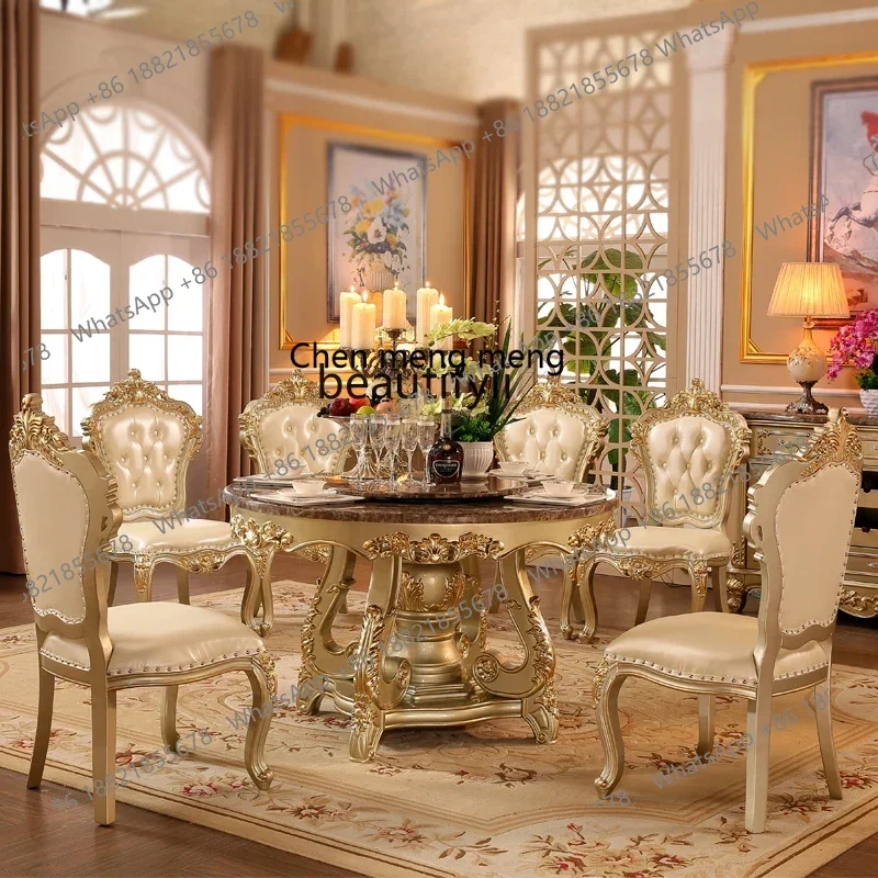 

D178 American Villa Restaurant Marble with turntable 6 people 8 people Household solid wood carving flower round dining table
