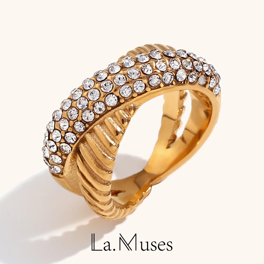 La. Muses Simple Design Twill Cross Shiny Rhinestone Women's Ring God Silver Color Stainless Steel Rings Woman Premium Jewelry