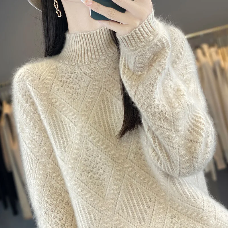 Hot selling new women's semi high neck sweater solid color knitted fashionable women's hollow 100 pure wool pullover sweater