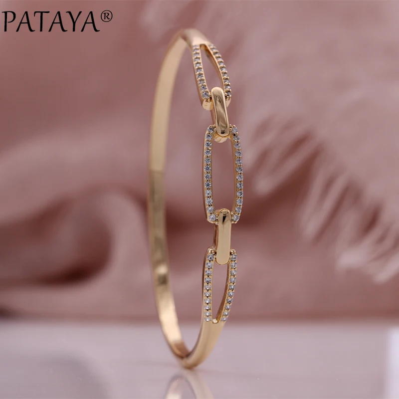 

PATAYA New Romantic Women Luxury Bangles 585 Rose Gold Color Wedding Geometric Fashion Jewelry Natural Zircon Hollow Bangle