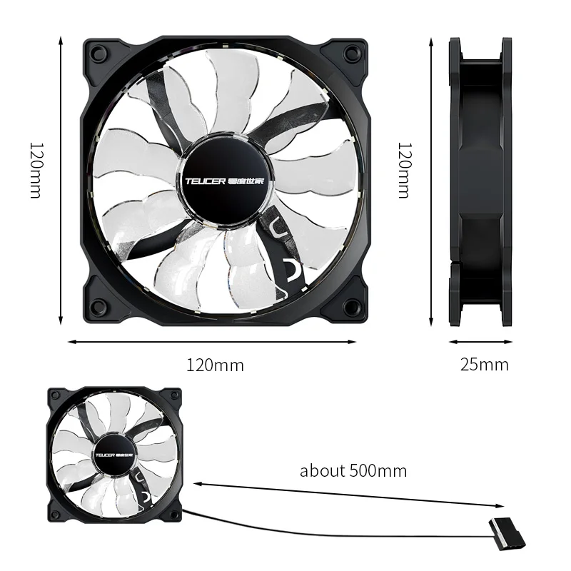 Teucer 120mm PC Case Fan 12V Big 4Pin Chassis Power Supply Low Noise Quiet Transparent Fan Blade Led Colorful Cooling Ventilator