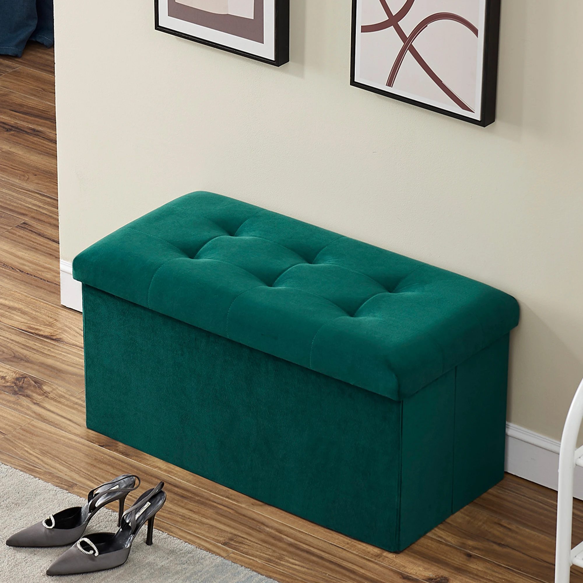 

VECELO Rectangle Storage Ottoman Gray and Green Tufted Square Ottoman with Storage Hight Quality Frabic Storage Ottoman