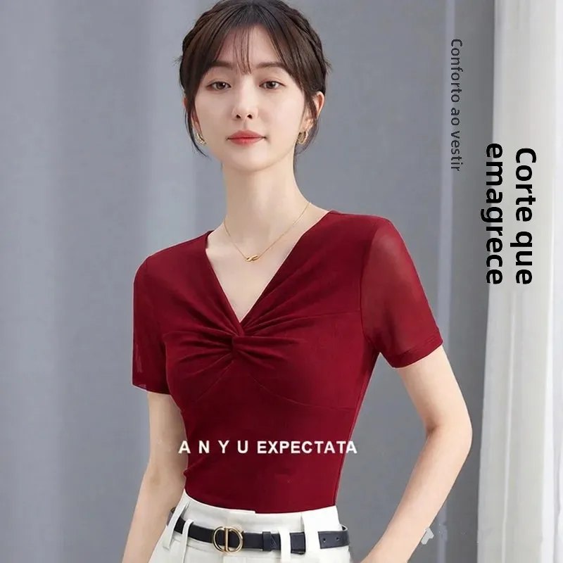 痩身-v-ネックダンス練習スーツ半袖メッシュスカート社交ダンスモダンダンス服春夏女性のトップス
