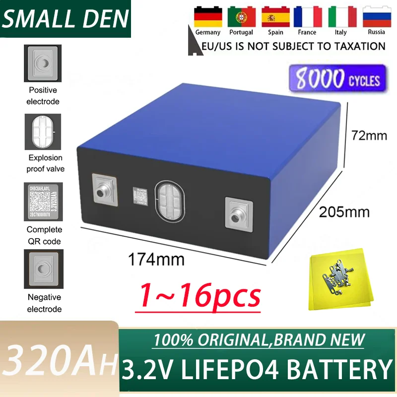 4~16pcs Lifepo4 320AH 3.2V Brand New 8000 Cycles Rechargeable Batteries DIY 12V 24V 48V RV EV Boat Golf Cart Yacht Van Cell Pack