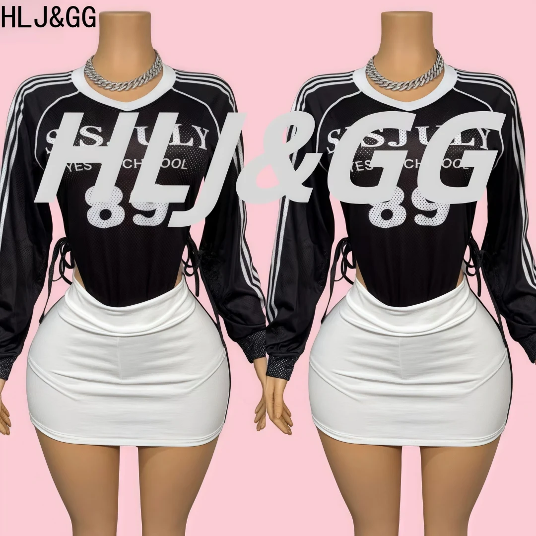 

HLJ&GG Fashion Y2K Letter Irregular Top Two Piece Sets Women V Neck Long Sleeve Bandage Tshirts + Mini Skirts Outfits Streetwear