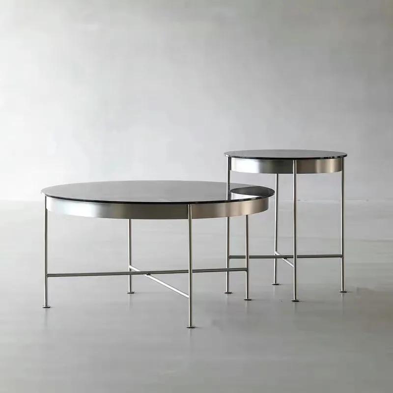 Nordic light luxury stainless steel round coffee table tempered glass simple size coffee table