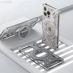 Aluminum Alloy Case for iPhone 16 15 14 13 Pro Max Cover Magnetic Stand Holder for Magsafe Hollow Borderless Shockproof Shell