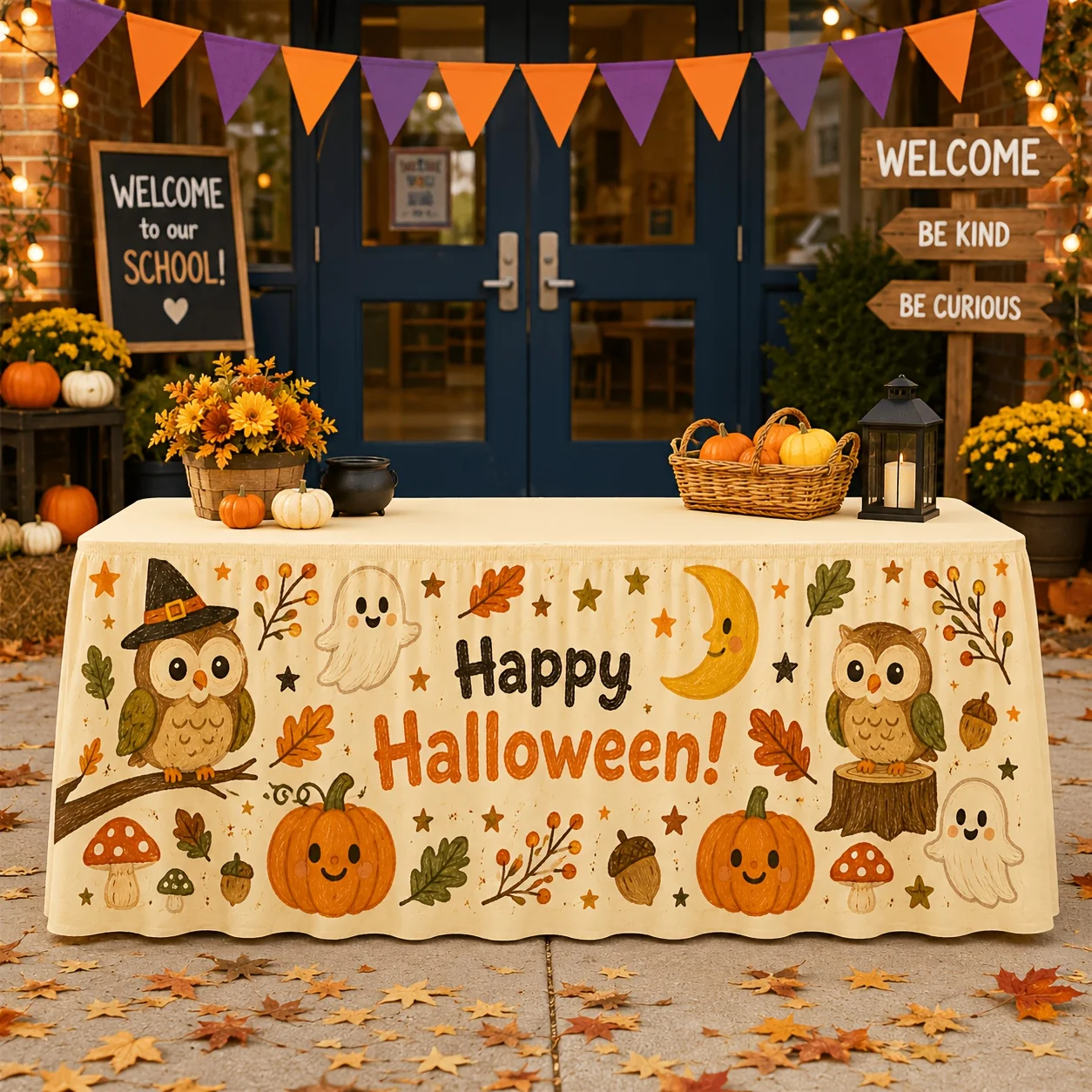1 piece of tablecloth or table skirt. Halloween happy table skirt. Textured crayon-painted owl. Smiling pumpkin.zyc