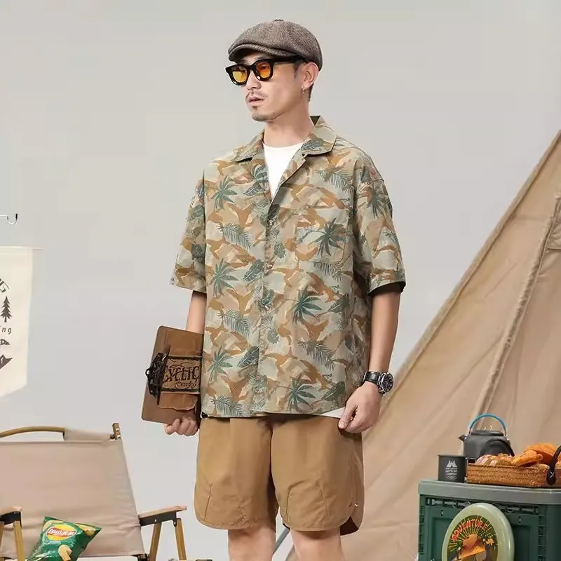 

Летняя мужская свободная рубашка с коротким рукавом в стиле ретро, американский уличный стиль, большие размеры (до 300 фунтов), с пляжным принтом в виде листьев, повседневная мода