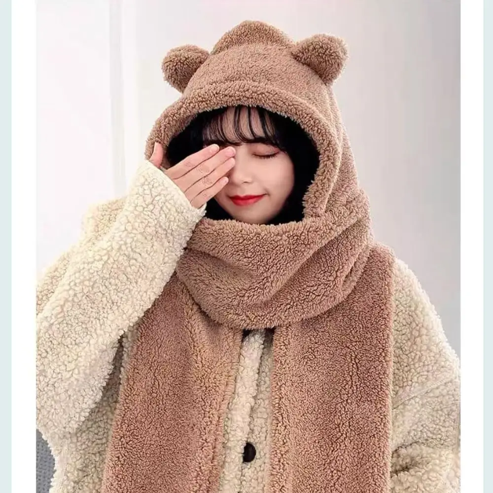 Soft Thickened Plush Hat Scarf Gloves Set Cute Bear Ear Winter Warm Women Beanies Caps Solid Color Integrated Cap Scarf Outdoor
