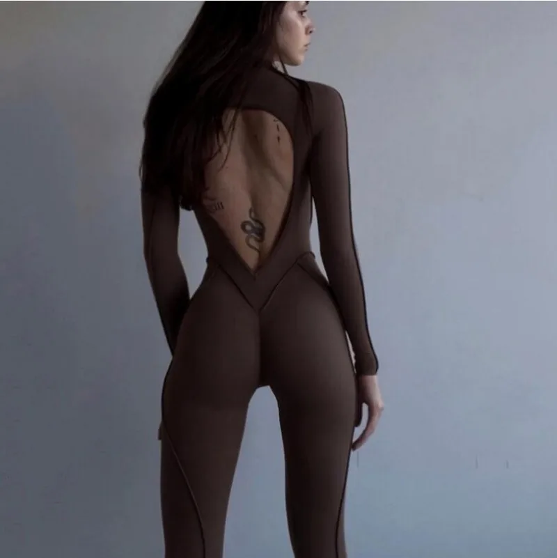 Women Clothing Decorative Edge Slim Crew Neck Sexy Open Back Zipper Jumpsuit Casual Sports Fitness Rompers Long Sleeve Bodysuit1