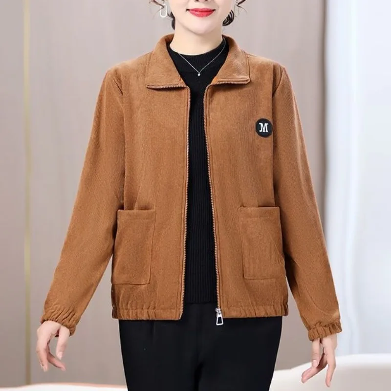 Autumn and Winter Women\'s Turn Down Collar Pockets Zipper Solid Color Loose Fitting Fashion Casual Elegant Long Sleeved Jacket