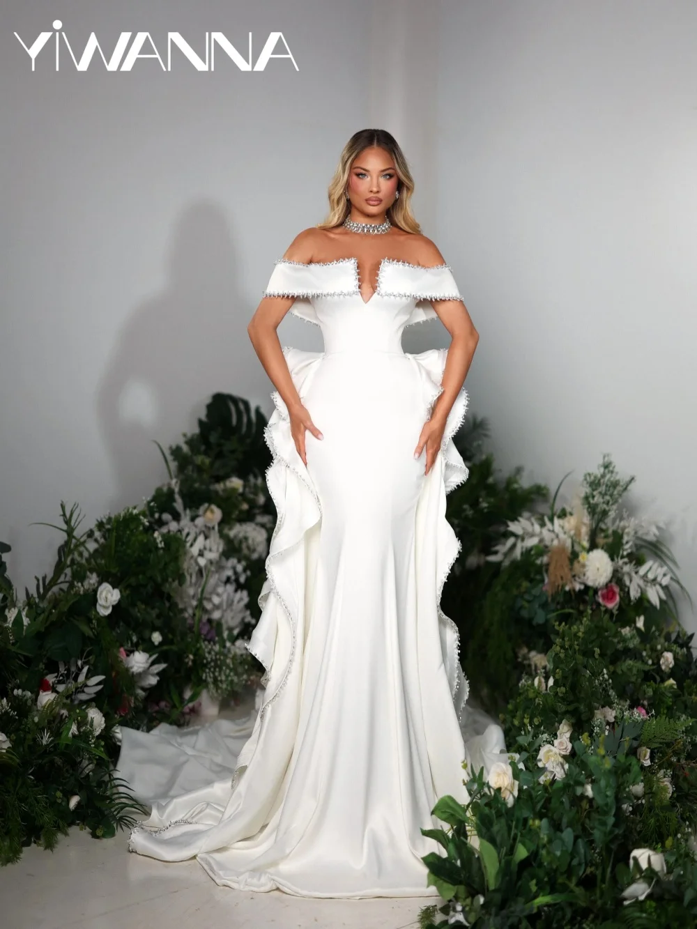 White Satin Pearls Long Wedding Dress Ruffled Detachable Train Off Shoulder Bridal Gown Customized Glamorous Dresses For Bride