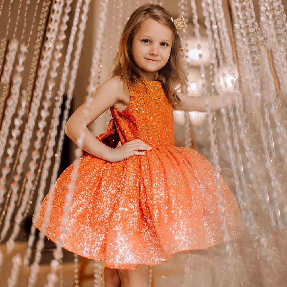 Fashion O-neck Sparkly Tulle Orange Flower Girl Dress Bow Mini Pageant Gown Baby Girl Birthday Party Dress robe princesse fille