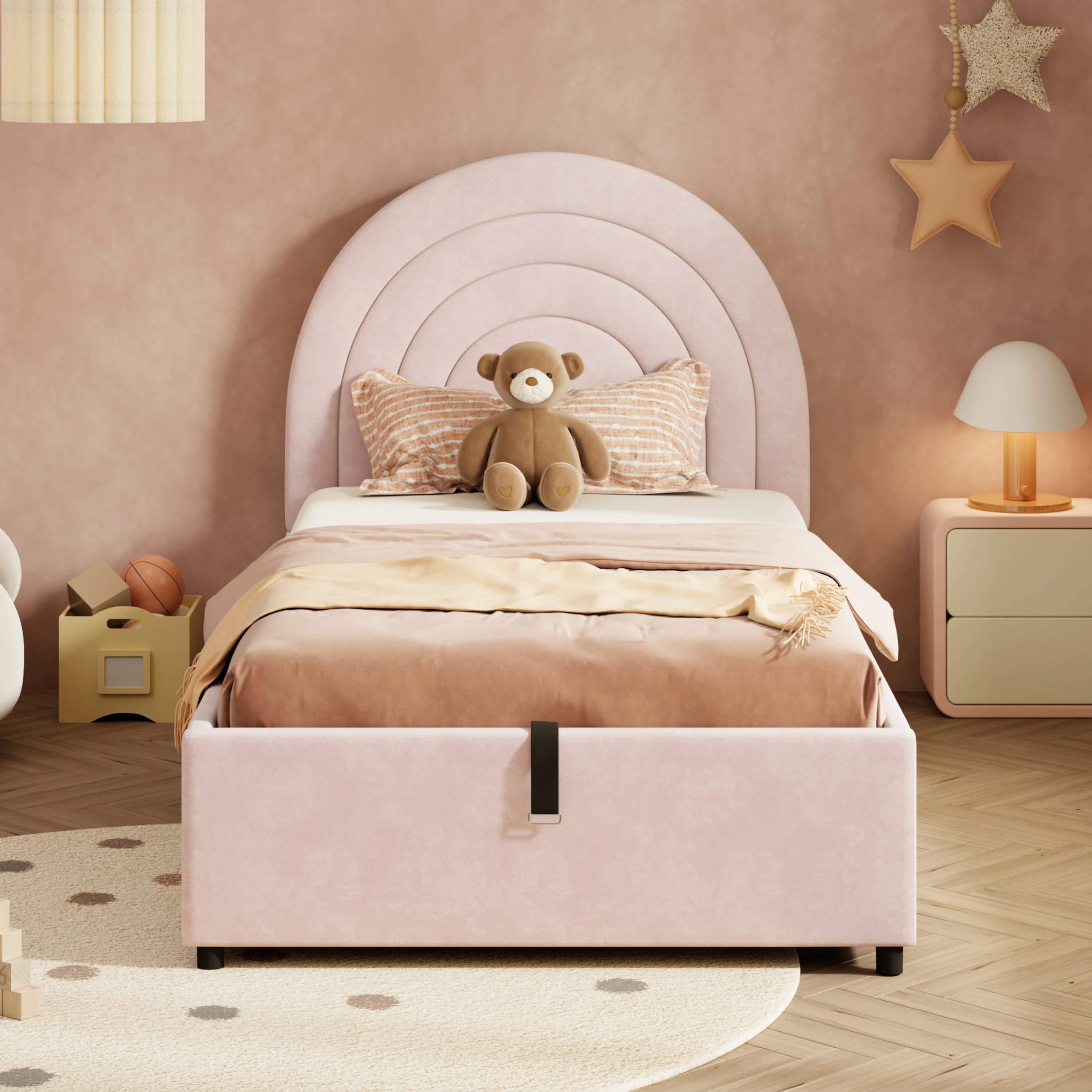 KOMHTOM Boucle-Polsterbett 90x200cm, Kinderbett/Jugendbett/Einzelbett, Lattenrost, Einfache Montage