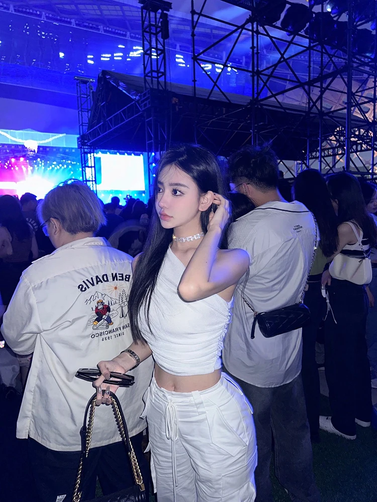 Faionable oulder Bared ort Chaleco de vientre plegado para deportes de baile callejero y latino Top T irt Diseño de un solo hombro Algodón M...