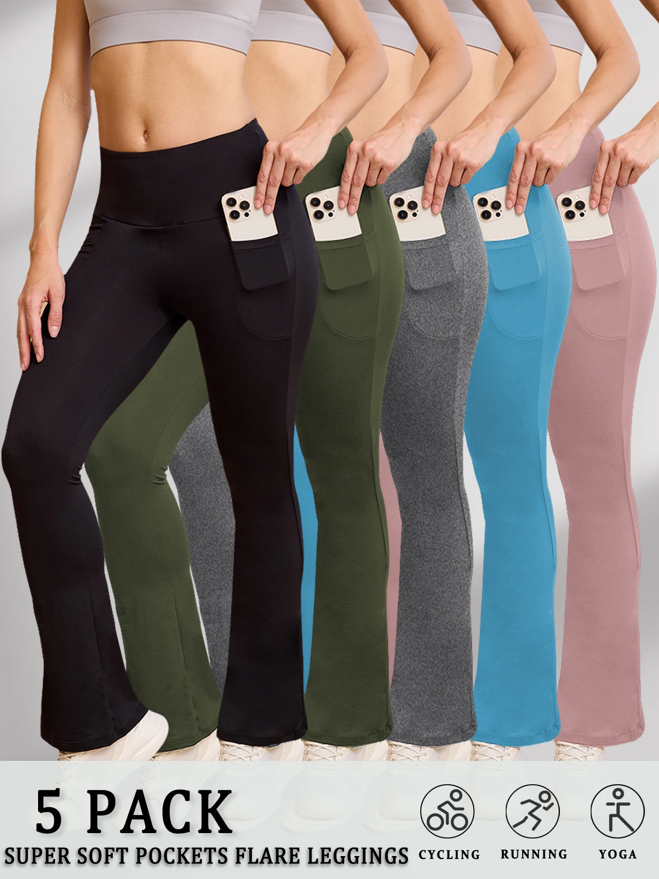 

5 Pack Women's Super Soft Flare with Pockets High Waisted Tummy Control Workout Yoga Push Up Gym Fitness Leggings Bell Bottoms