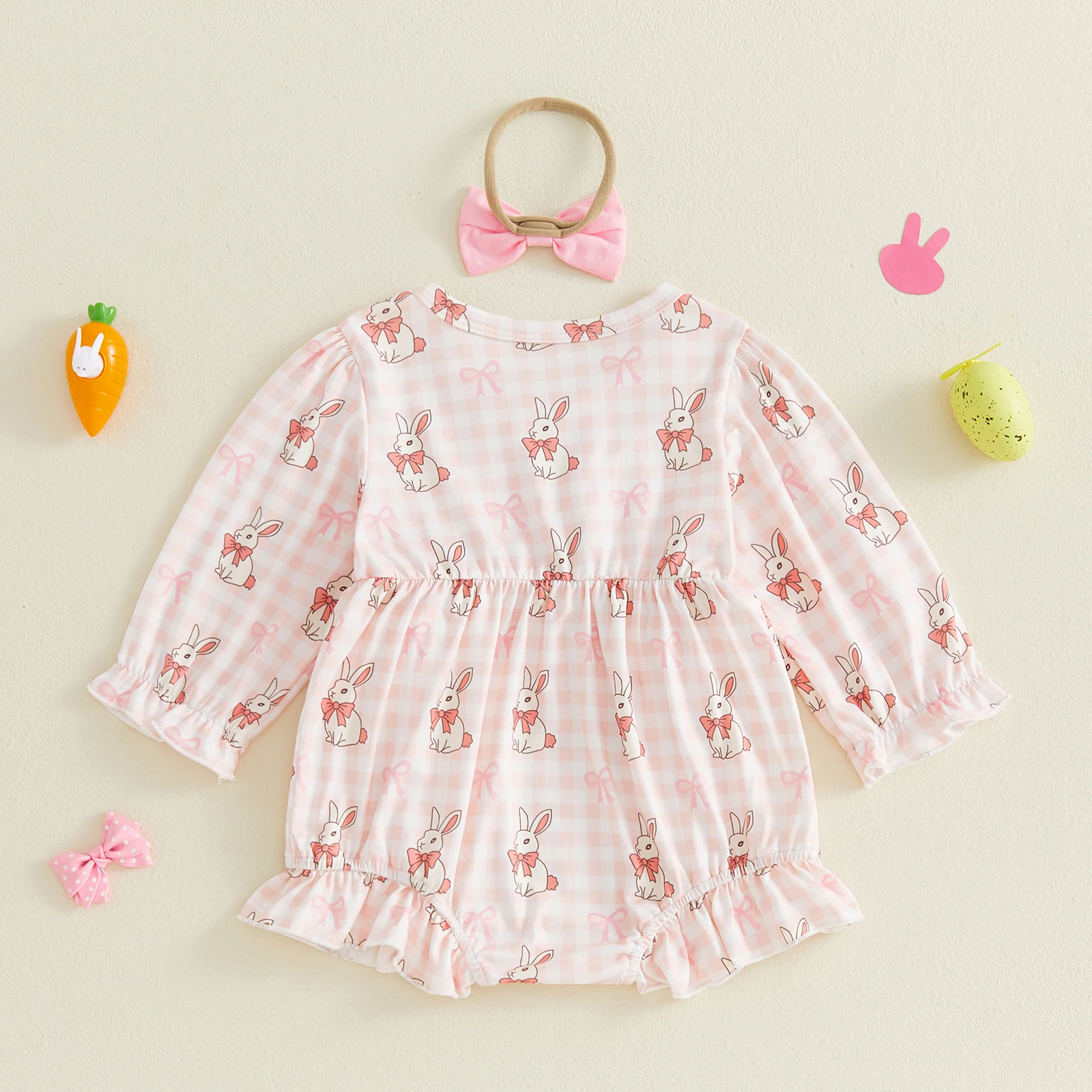 

Пасхальный комбинезон в клетку для маленьких девочек, комбинезон с милым принтом кролика и длинными рукавами-фонариками и повязкой на голову