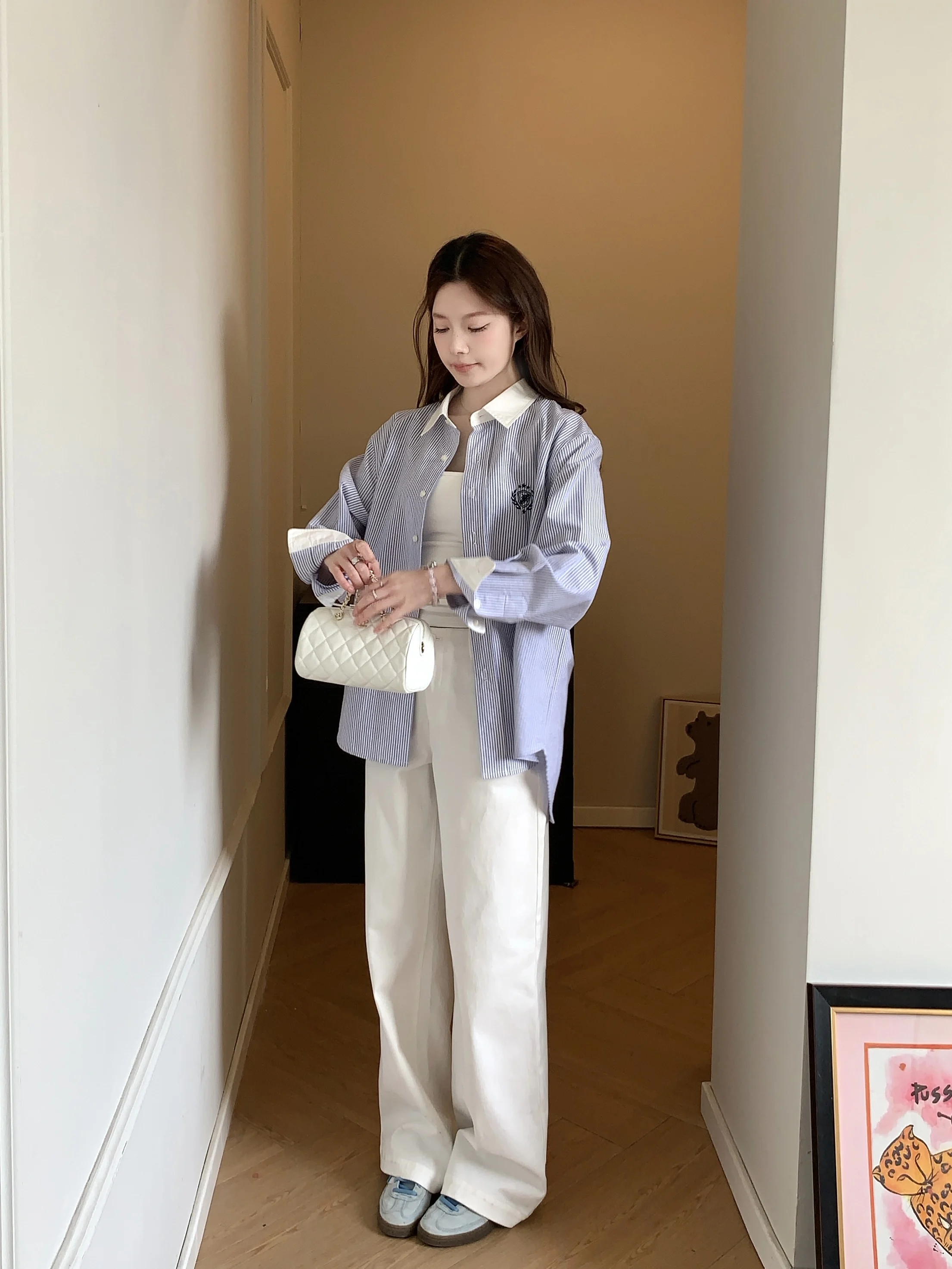 

Viiwen Free Lightweight Oxygen College Style Light Blue Vertical Striped Embroidered Patchwork Loose Long Sleeve Shirt Jacket