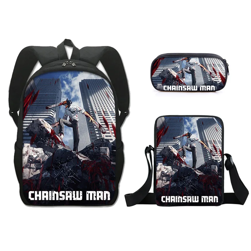 3psc/set Chainsaw Man Backpack Crossbody Bag Pen Case Primary Middle School Students Boys Girls Schoolbag Oxford Travel Backpack