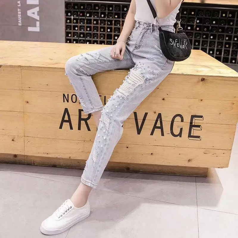 Pipe Cowboy Pants for Woman Beading Women's Ripped Jeans High Waist Shot Torn Cropped Trousers Stretched Harajuku Fashion Cool R