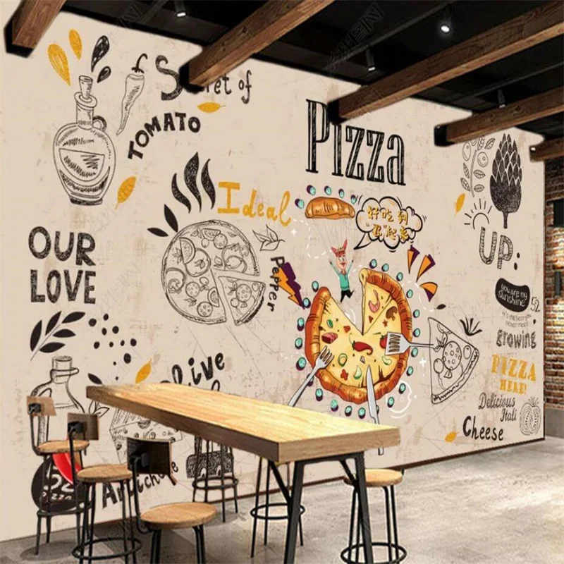Custom Retro Pizza Wallpapers Fast Food Restaurant Snack Bar Industrial Decor Mural Peel and Stick Wallpaper Papel De Parede