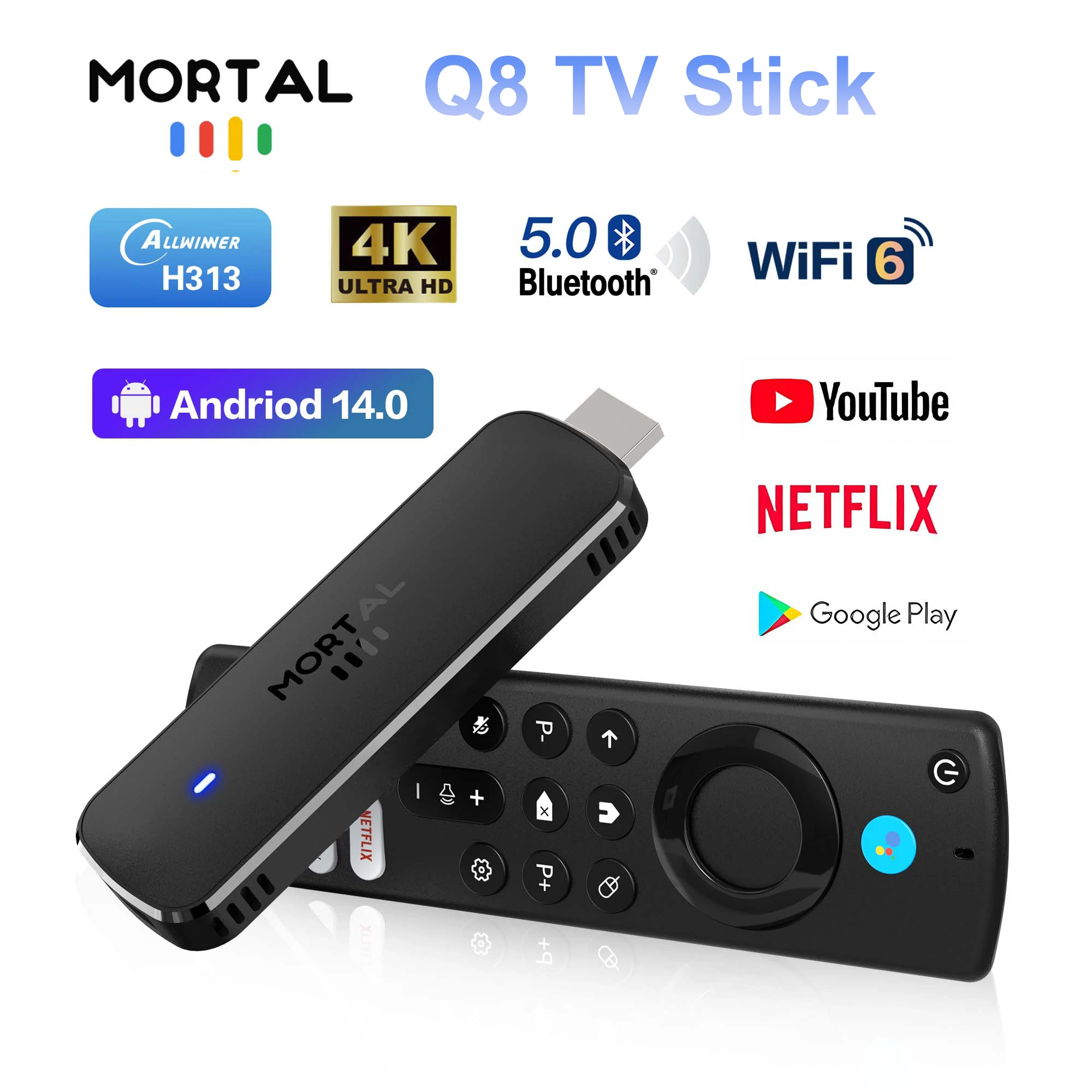 جهاز Mortal Q8 Mini TV Stick يعمل بنظام Android 14.0 Allwinner H313 ويدعم فك تشفير 4K ومشغل بث YouTube من Google BT5.0 مقابل Fire TV Stick