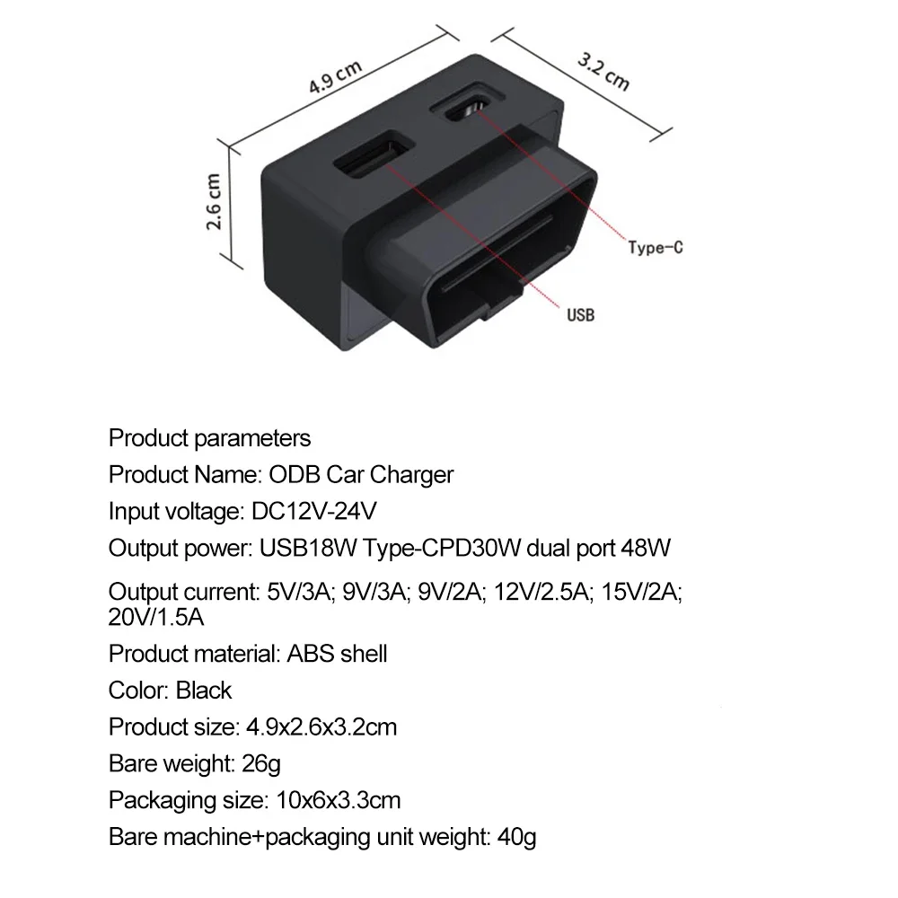 Car OBD Fast Charger for Tesla Model 3 Y X S Mobile Phone Charging Adapter OBD2 Splitter USB and Type-C Dual Port Plug Head