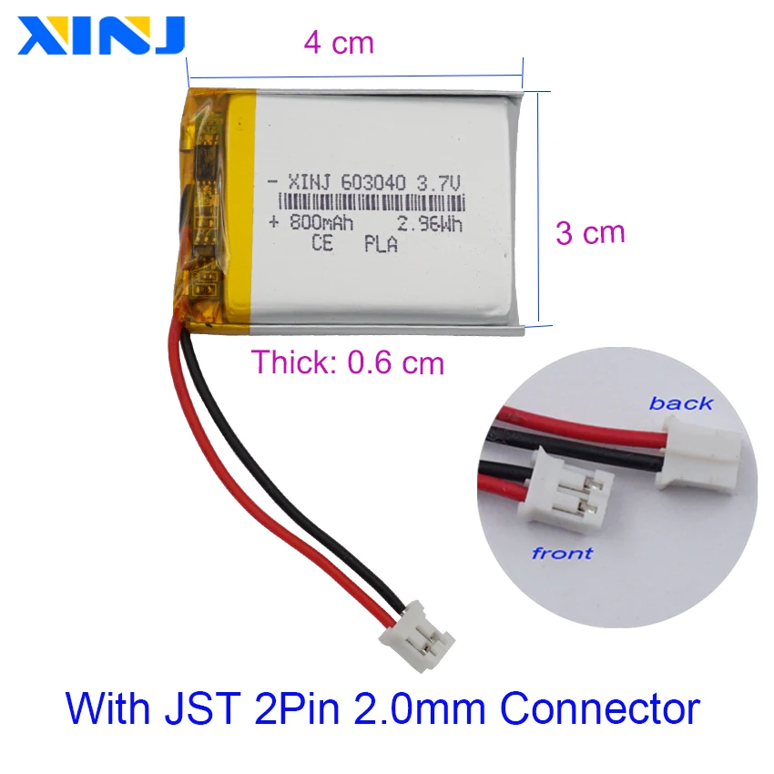 3.7V 800mAh 2.96Wh 603040 JST-PH 2pin 2.0mm Polymer Li LiPo Rechargeable Battery Cell For GPS Sat Nav Camera Driving Recorder