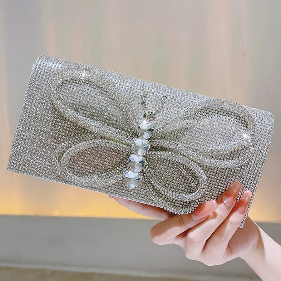 Newest Rhinestone Silver Clutch Purse Bow Luxury Diamond Women Red Evening Clutches Bags Wedding Bridal Bag Stones Handbag Bolsa