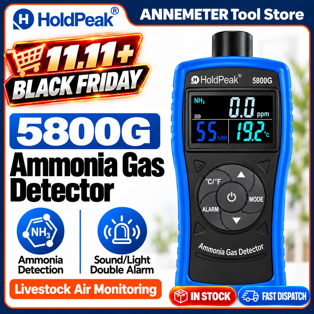 Ammonia Gas Detector 0-100 PPM NH3 Monitor with Alarm Digital Ammonia Meter Temperature Humidity Tester for Poultry Farm Chicken