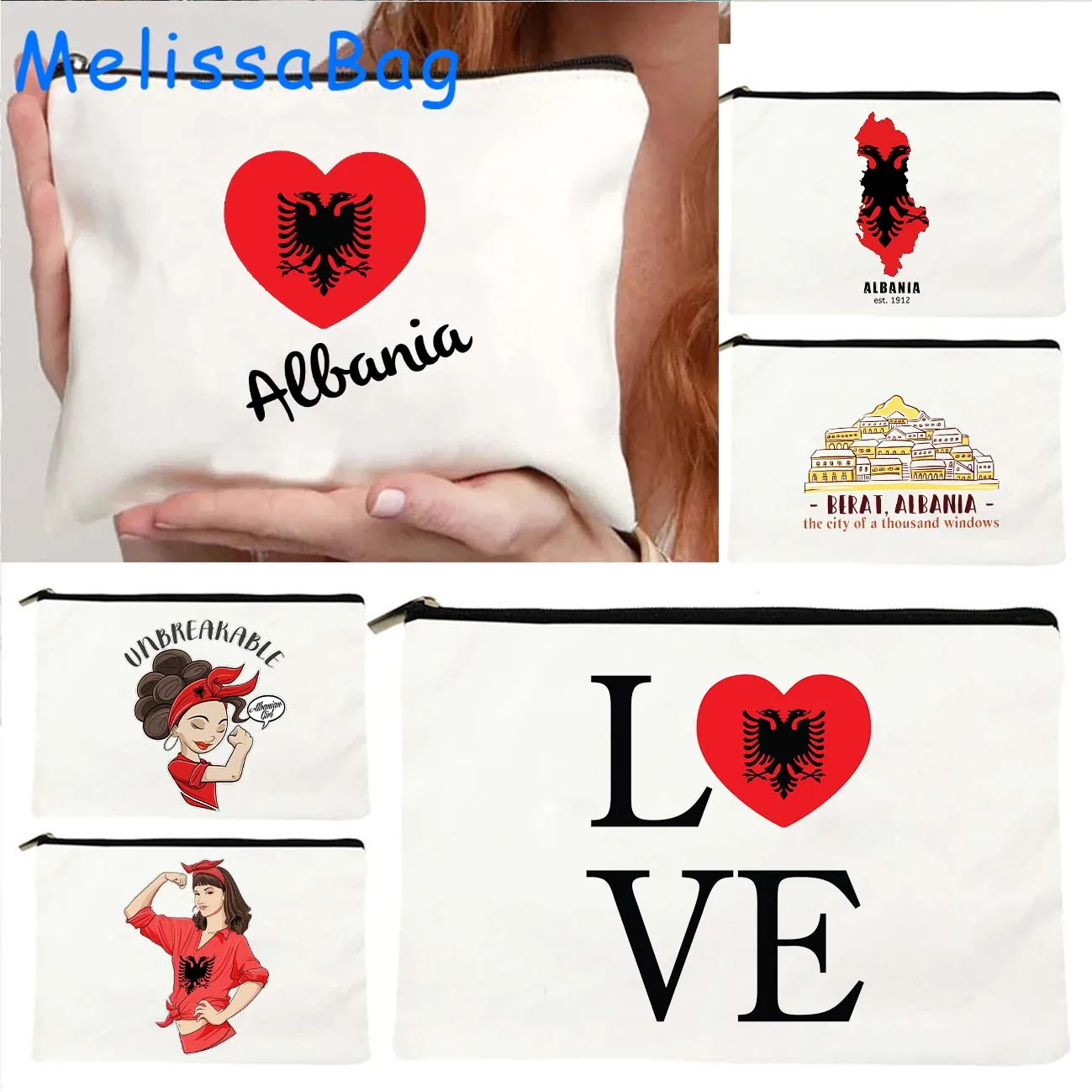 Tirana-Berat Albania Country Map Flag Heart Gifts Canvas Cosmetic Bags, Makeup Storage Card Bag, School Pencil Case Zipper