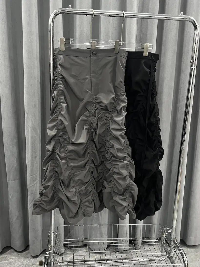 

Deep ey American Retro Pleated A-Line Long Skirt Haerin Newjeans Korean Sle Cabbage Skirt Low Waist Polyester Casual Skirt