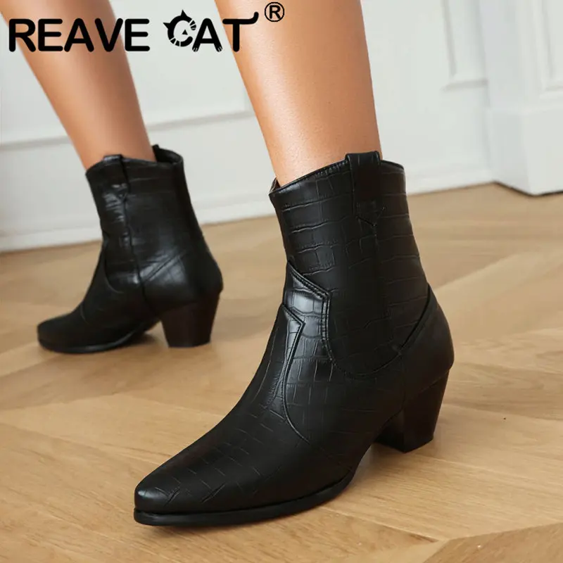 

REAVE CAT Female Ankle Boots Pointed Toe Chunky Heels 5.3cm Slip On Plaid Plus Size 42 43 Fashion Daily Shoes Autumn Women Bota