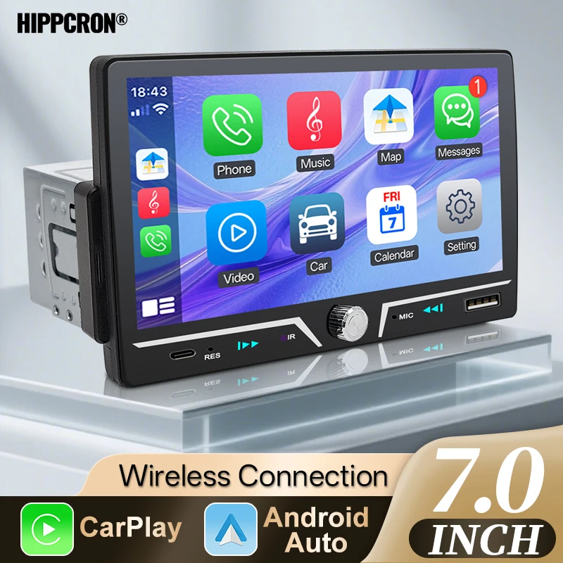 Hippcron 7 "1din اللاسلكية Carplay أندرويد السيارات راديو السيارة MP5 لاعب ستيريو شاشة تعمل باللمس استقبال FM دعم USB نوع-C تهمة #1