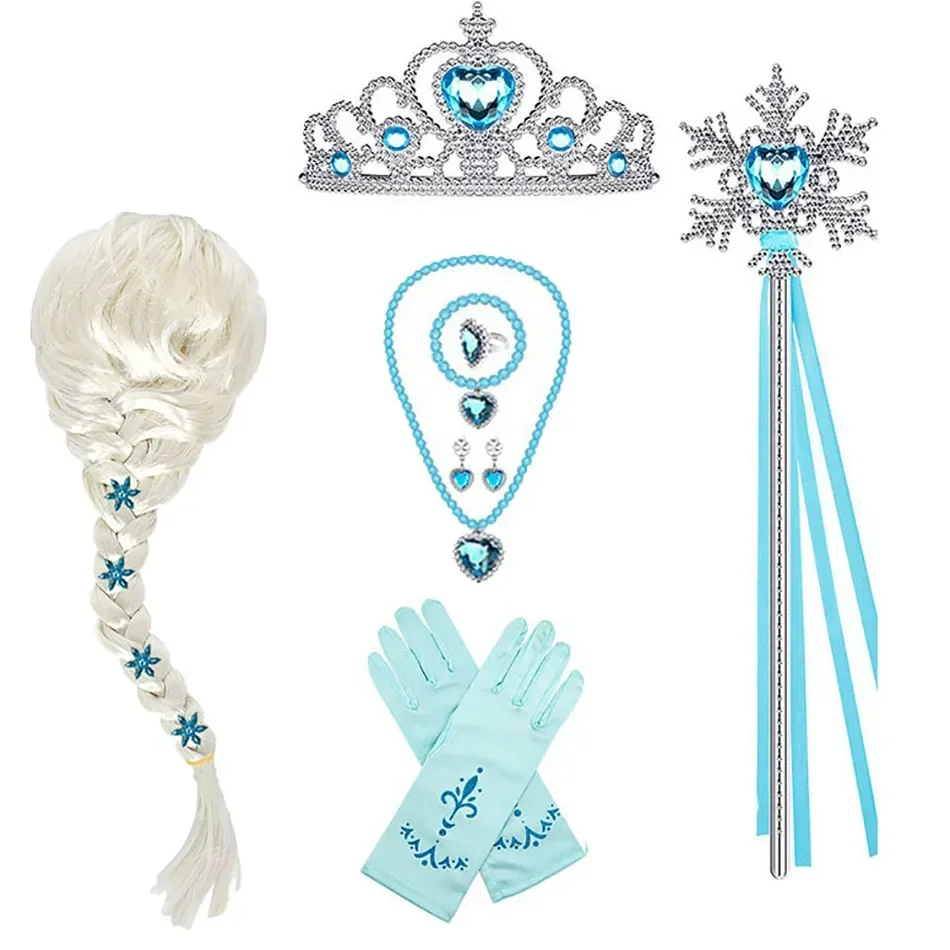 Elsa Princess Accessories Gloves Wand Crown Jewelry Set Elsa Wig Necklace Braid for Princess Dress Clothing Cosplay Dress UP