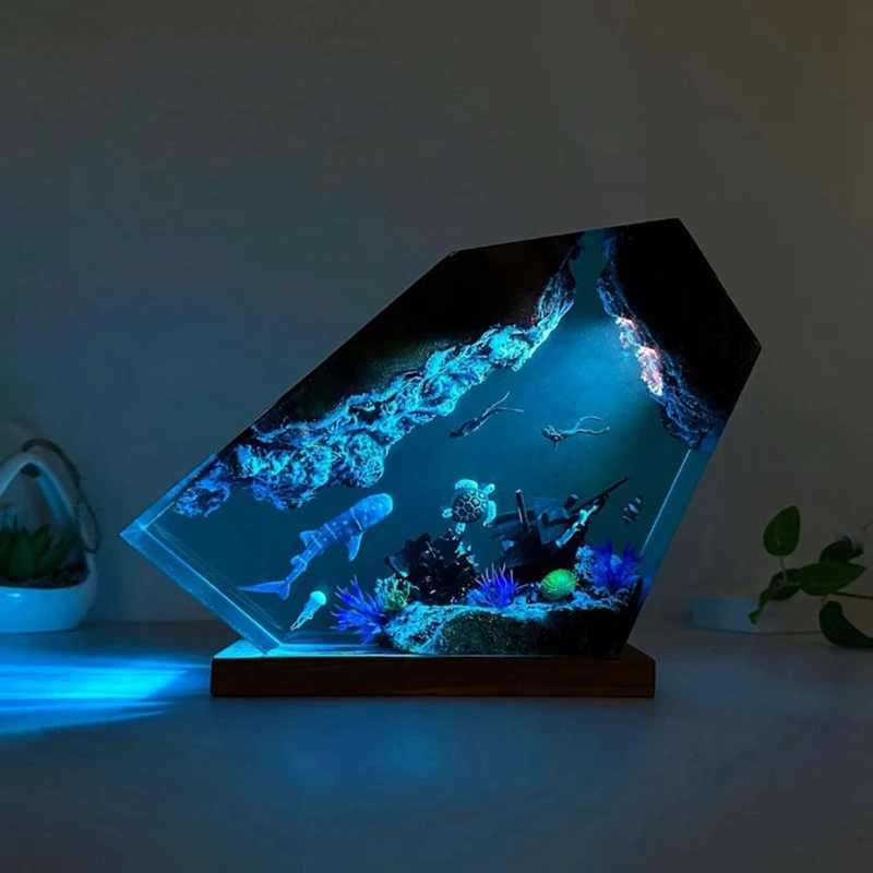 Resin Crafts Undersea Resin Lamp Whale Turtle Human Diving Night Light Home Gift Office, Desk Bedroom Decoration Night Light