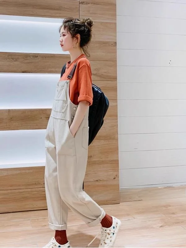 

Cute Summer Wide Leg Overalls Women's Faion Age Reduction Japanese Sle Strap Pants European Goods Small Size Light Brown