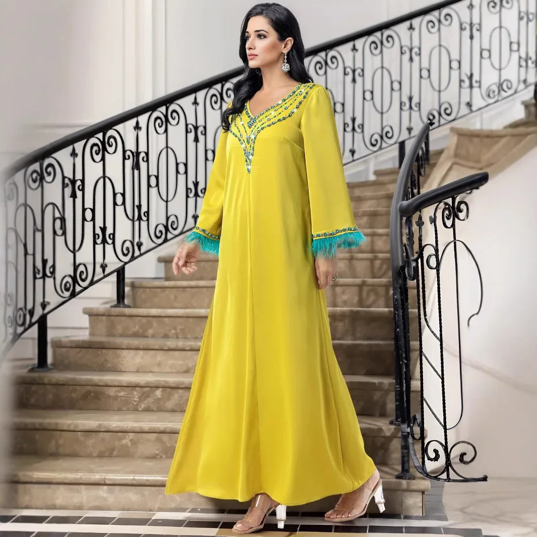 Ramadán diamantes Abaya Dubai vestido musulmán de plumas de lujo mujeres ropa Islam Eid Robe Femme Musulmane Abayas Damen Kaftan vestido