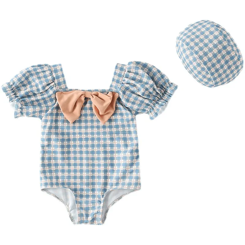 

Baby Girl Plaid Puff Sleeve Swim Suit Infant Toddler Child Swimwear+Cap 2PCS Bow Swim Suit Bathing Suit Summer Baby Clothes1-10Y