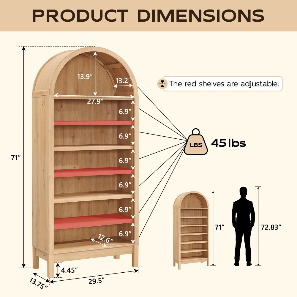 Tall Arched Bookshelf, 7-Tier Open Shelf Bookcase, Medium Density Fiberboard