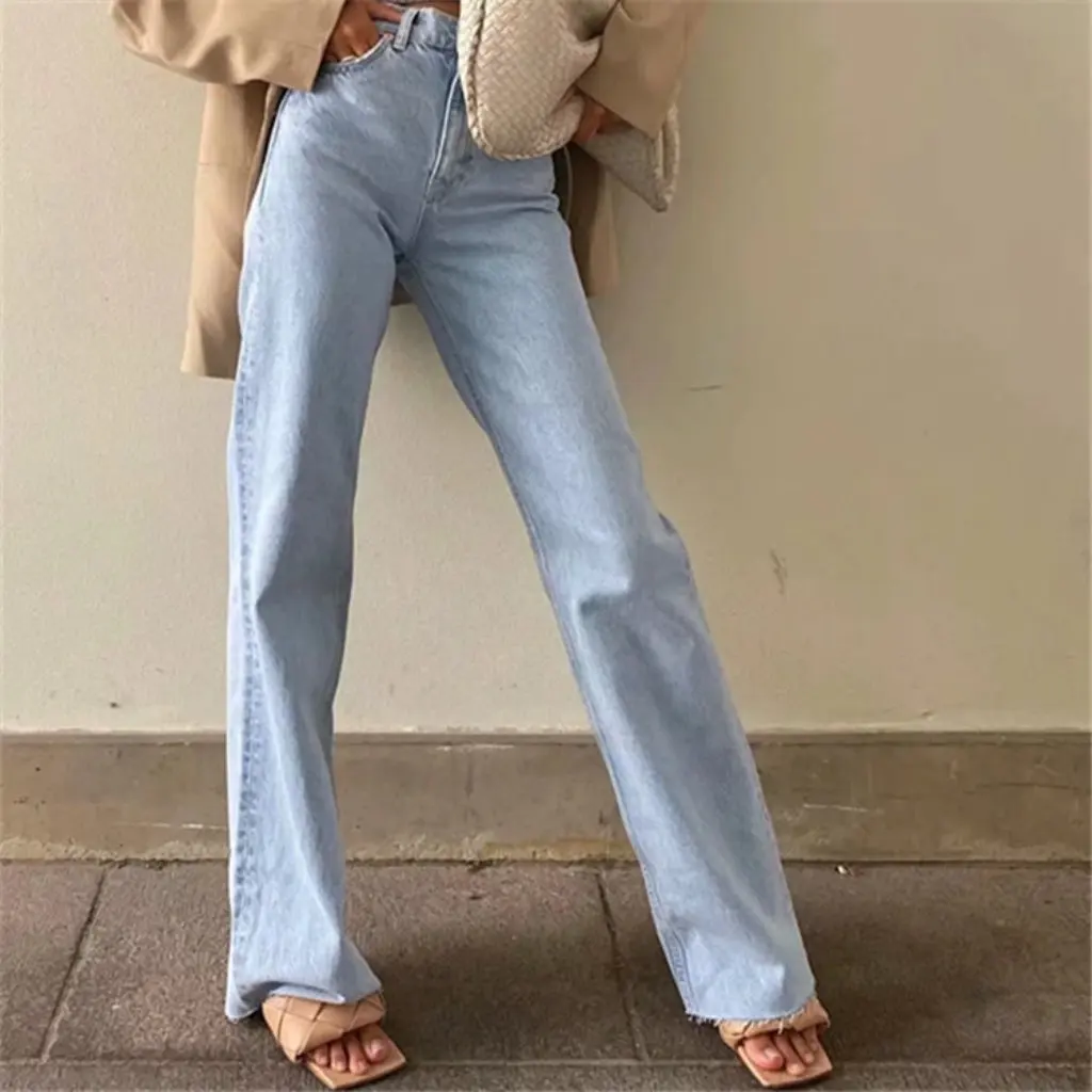 

Women's Street Style High Waist Jeans Casual Wide Leg Pants Raw Edge Floor Mopping European And American Spring Autumn New
