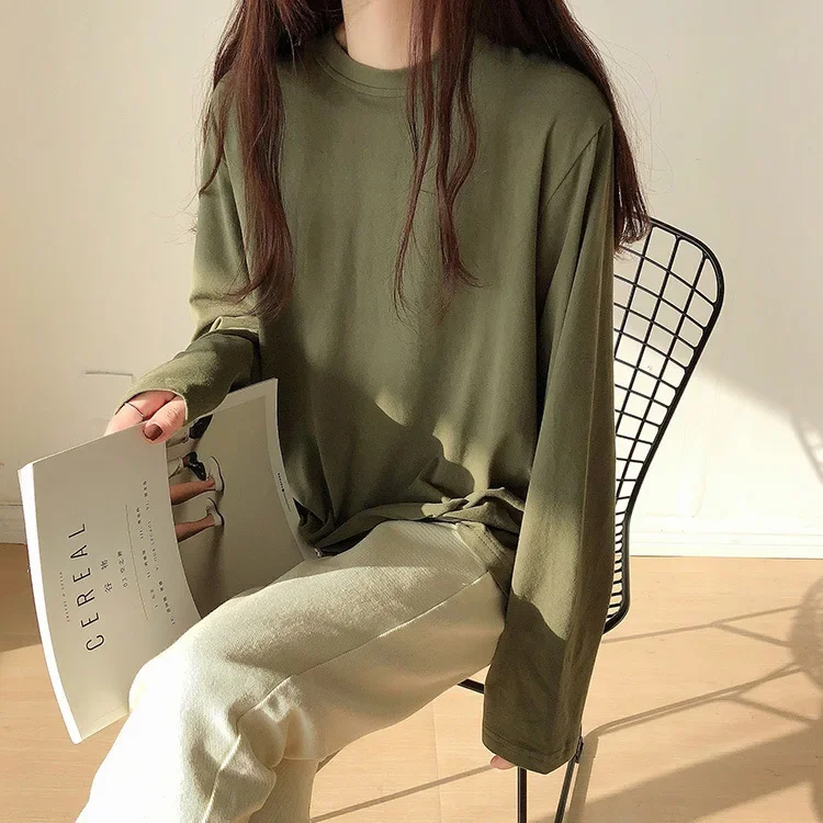 Korean Style Multi-color Preppy Style Loose-fit Long Sleeve Round Neck T-shirt Women's Spring/autumn Trendy Base Layer Top