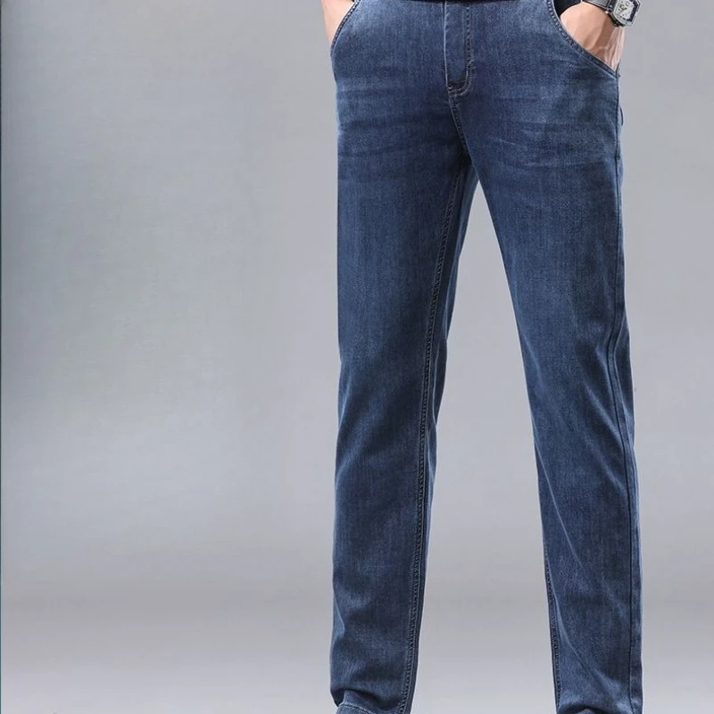 Moda masculina calças de brim retas novo estiramento fino ajuste calças confortáveis macio negócios denim calças masculinas roupas marca