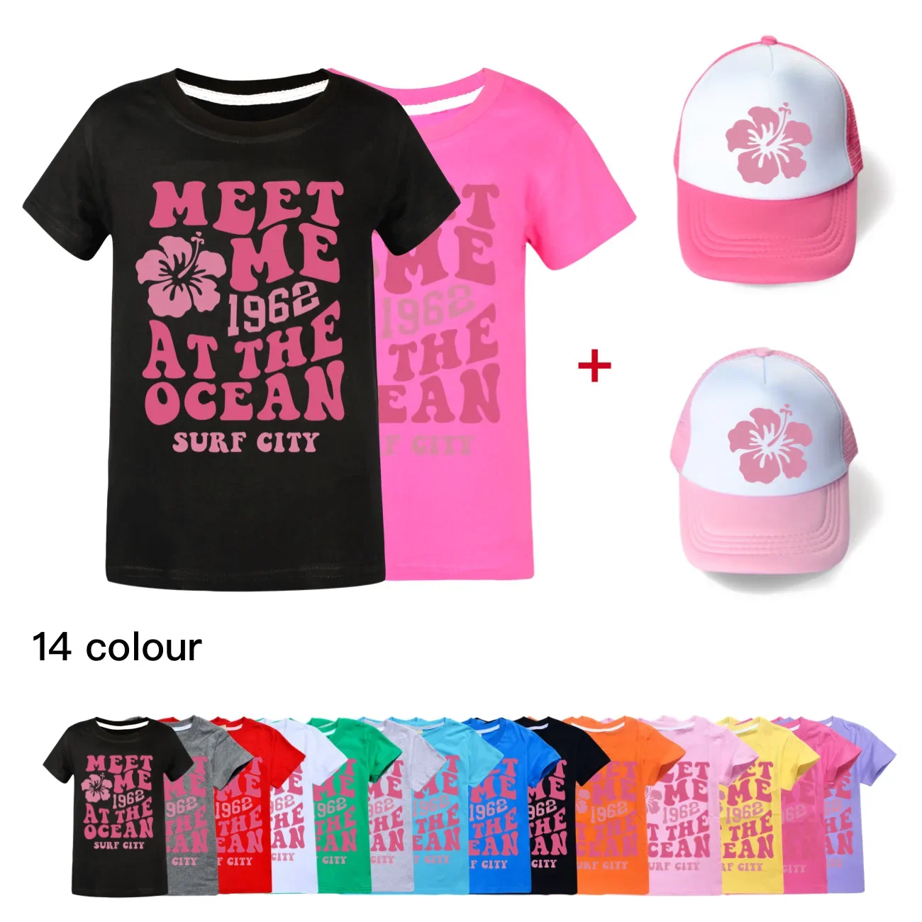 

Meet Me 1962 At The Ocean Surf City Kids Clothes Boys Cotton T-shirts & Sunhat Baby Girls Short Sleeve Tops Children Clothing