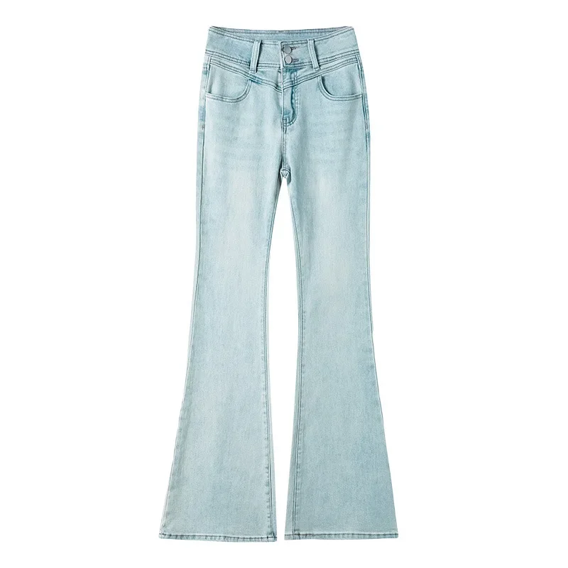 

Уличные модные светло-голубые джинсовые слегка расклешенные брюки. Женские весенне-осенние темпераментные облегающие джинсы Spice Girl с высокой талией